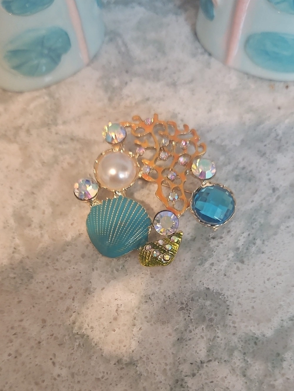 NWT Gold Coral & Teal Shell Statement Brooch with Blue Crystal